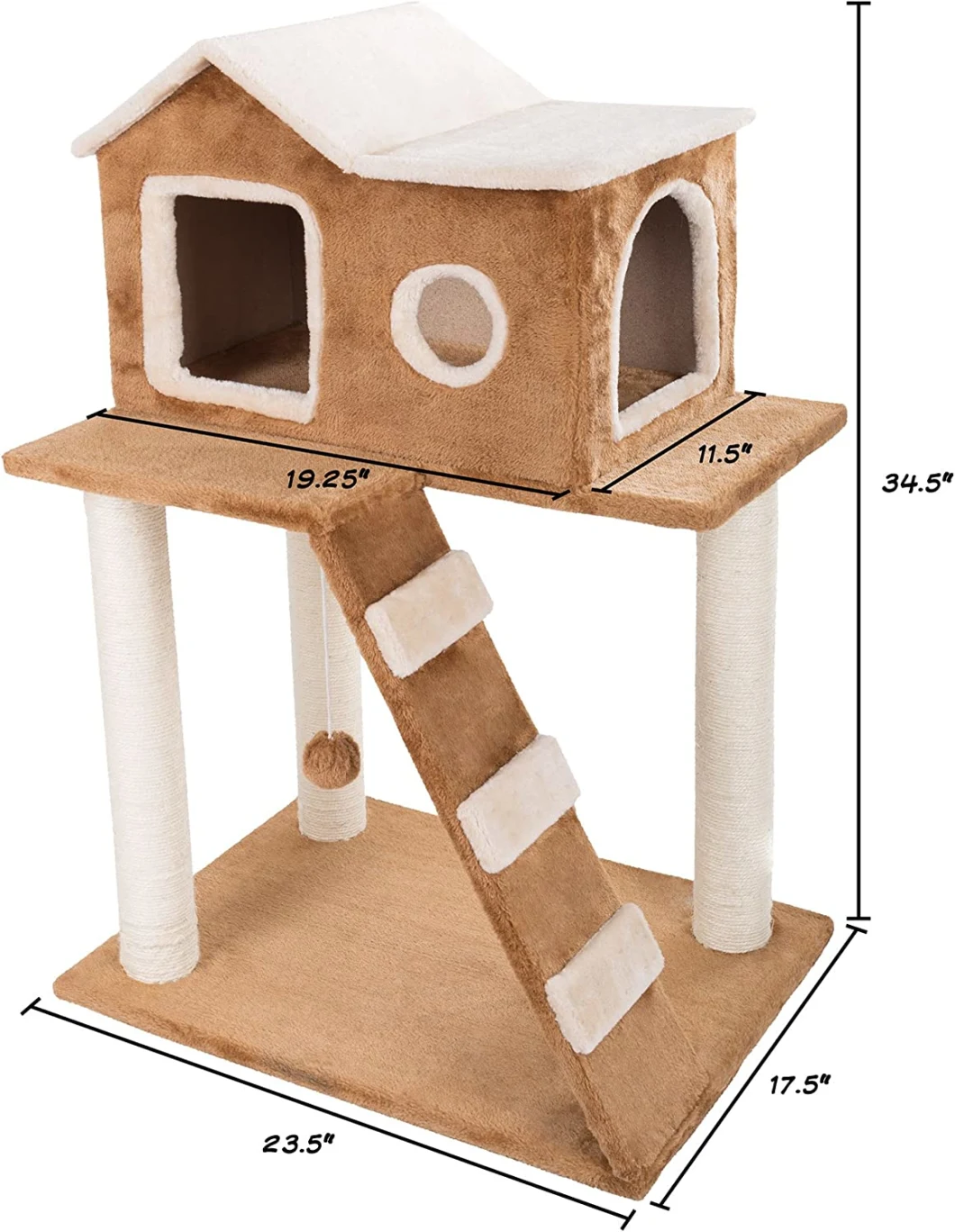 3 Tier Cat Tree- Plush Multilevel Cat Tower with Scratching Posts, Climbing Ladder, Cat Condo and Hanging Toy for Cats and Kittens by