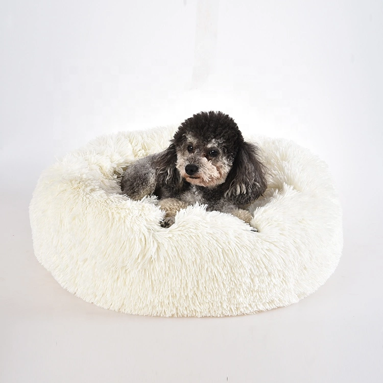 Long Faux Fur Fabric Dog Bed Comfortable Donut Round Dog Bed Super Soft Washable Pet Cushion Bed