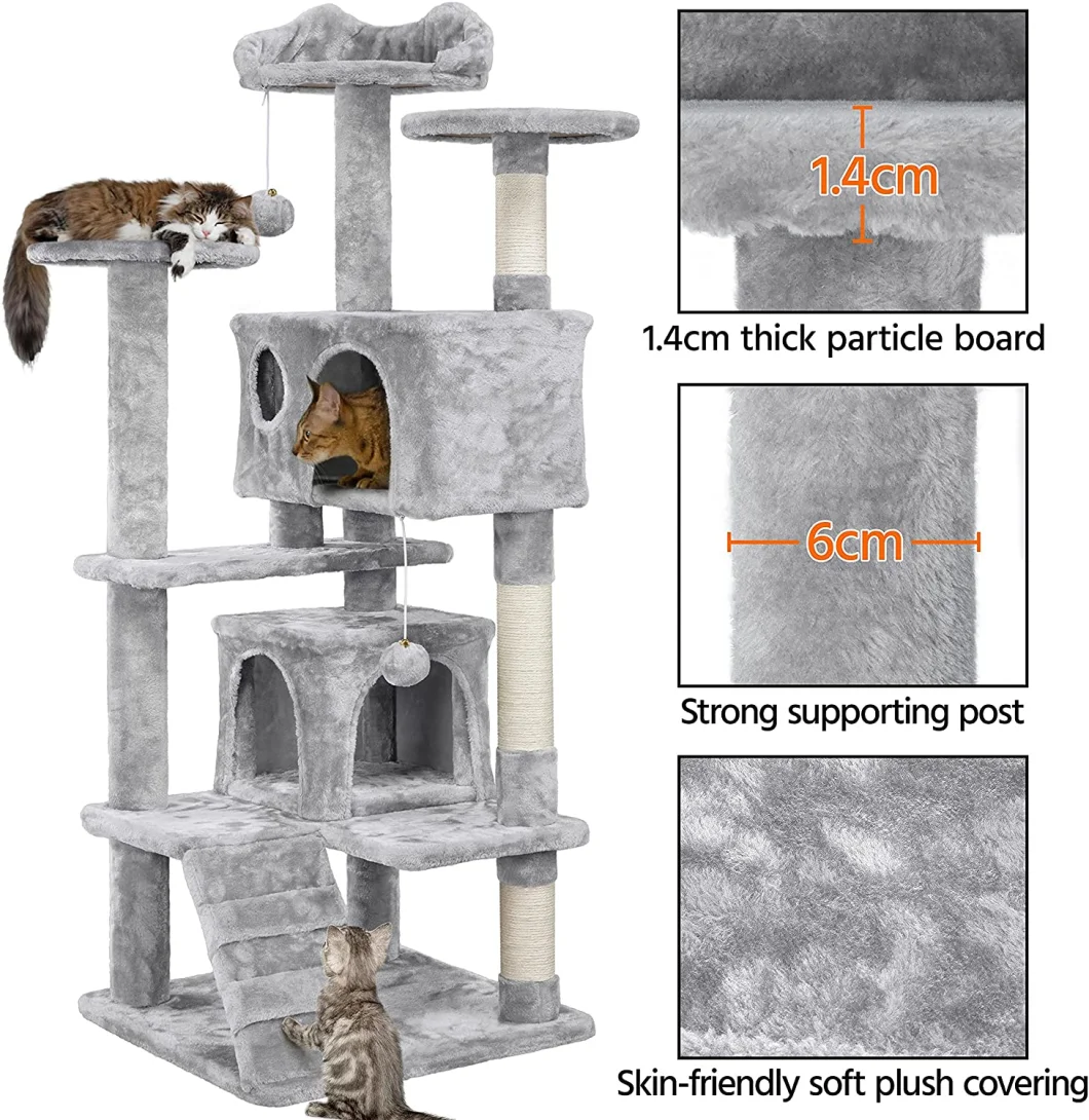 Light Grey Cat Tree Multilevel Cat Climbing Tower with 2 Condos/2 Scratching Balls/3 Scratching Posts/Ladder, Navy Blue