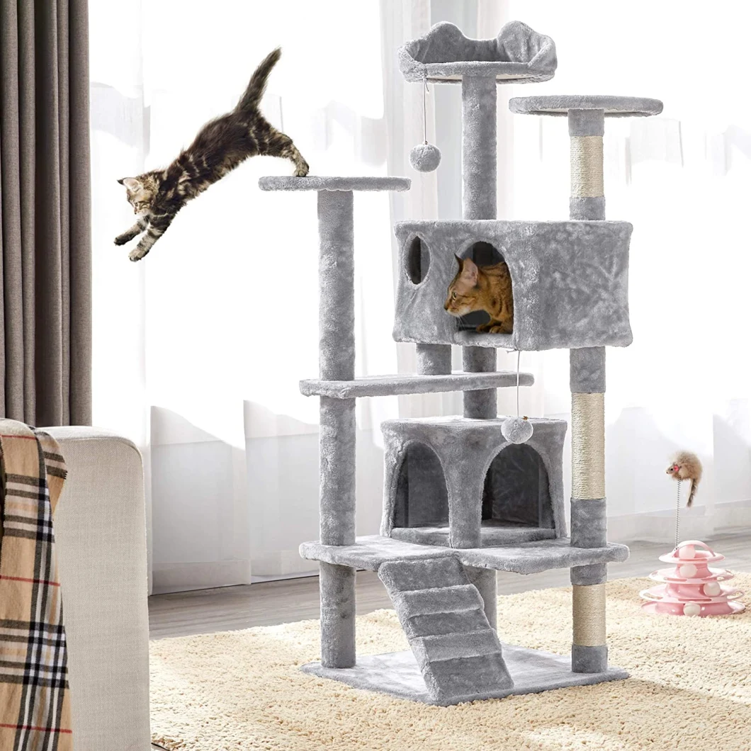 Light Grey Cat Tree Multilevel Cat Climbing Tower with 2 Condos/2 Scratching Balls/3 Scratching Posts/Ladder, Navy Blue