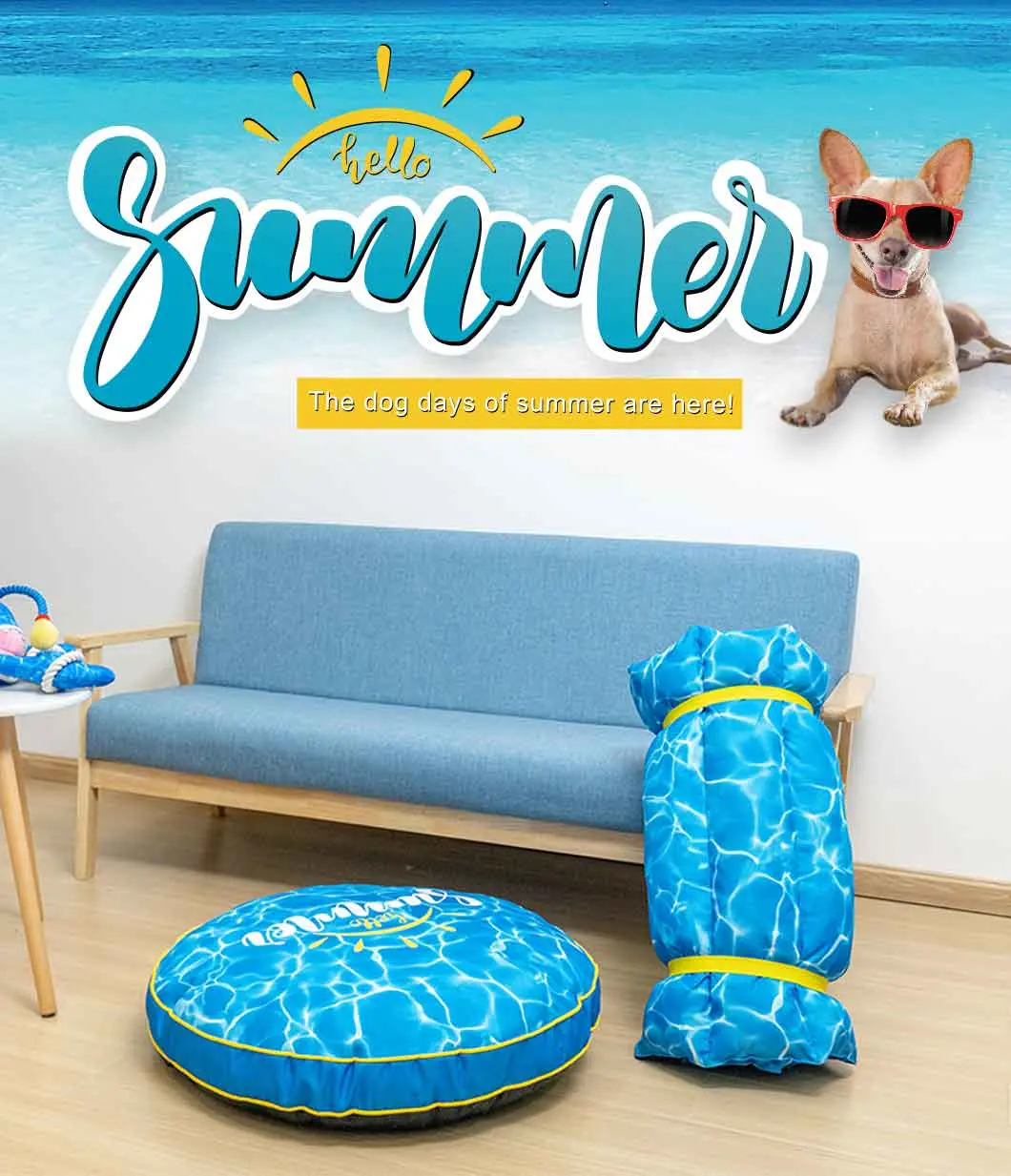 Rena Pet New Design Summer Water Ripple Printing Oxford Fun Character Round Cooling Pet Mattress